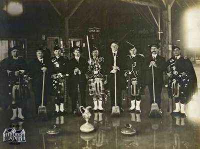 Curling Team with Four Scottish Band Members