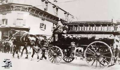 Horse Drawn Fire Wagon at Water and Queen Streets (ca. 1930s)