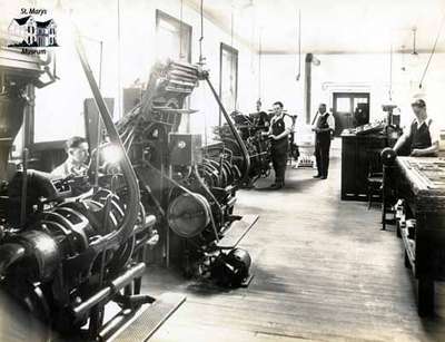 Interior of St. Marys Journal Argus printing area, ca. 1930s