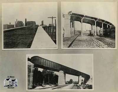 View of sidewalk over C.P.R. bridge, West Toronto; West Toronto section of the C.P.R. bridge; West Toronto Viaduct of the C.P.R. over G.T.R., Port Hope