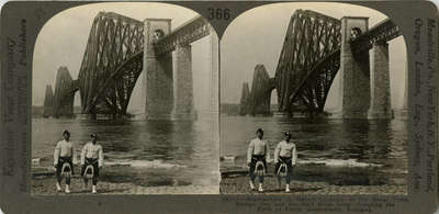 Highlanders in Native Costume at the Great Forth Bridge, One and One-Half Miles Long. Spanning the Firth of Forth, Queenaferry, Scotland