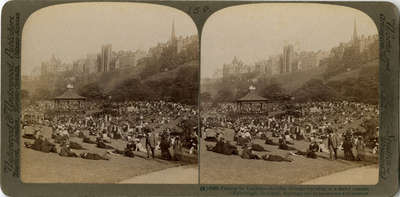 Princes St. Gardens - holiday throngs listening to a band concert - Edinburgh, Scotland