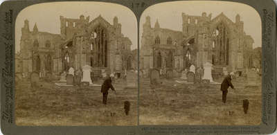 Great East Window, famous for its beautiful Gothic design (15th Cent.), Melrose Abbey, Scotland