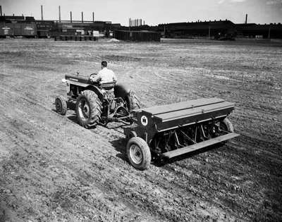 An IHC 240 tractor pulling an IHC McCormick 16x7 inch seed drill.