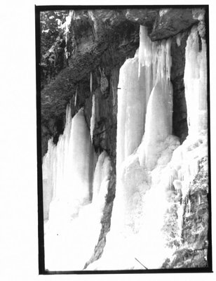 Ice formations on a river bank.