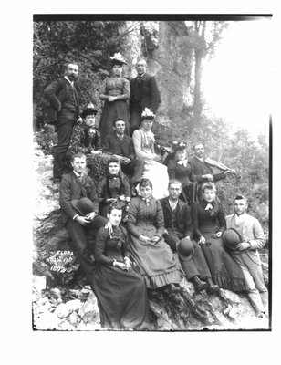 Group portrait on an Elora river bank, Sept. 17th, 1892.