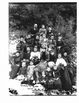 Group portrait of unidentified individuals, &quot;Our Picnic&quot; at Elora, Sept. 8th, 1893.