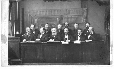 Group portrait of the Tichborne Jury, London, England.