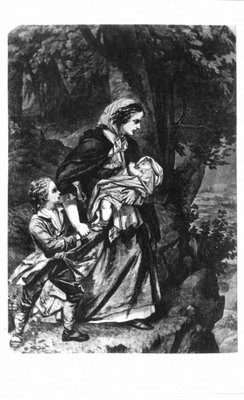 Photograph of a painting of a woman with two children, in a forest.