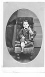Portrait of an unidentified young boy with a toy horse and an open book, by Horace Weber, photographer, Cornwall, Ontario.