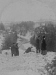 Winter view of Elora Gorge, group of men and women in the foreground.