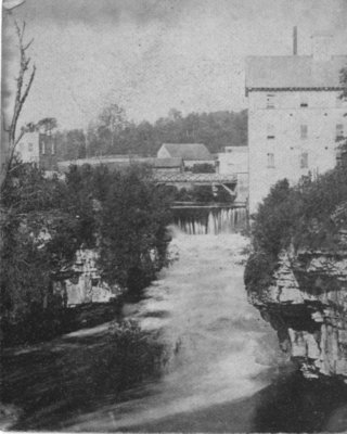 View of the Grand River, Elora, showing the &quot;Tooth of Time&quot; and the Mill on the right.