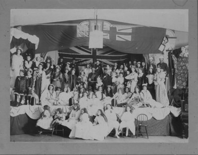 Cast of men, women and children in costume for a production by the Mechanics’ Institute (Elora?)