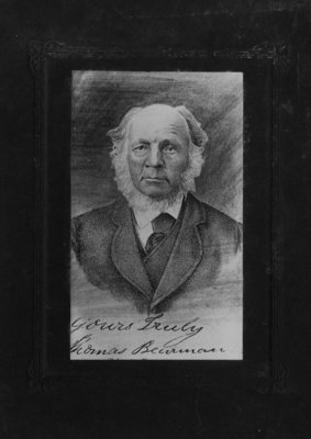 Photograph of drawing of a gentleman, autographed &quot;Yours truly Thomas Bewman&quot;