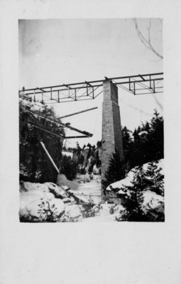 View of the bridge over the Irvine River, Elora, while under construction.