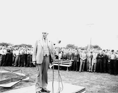 Man Addressing a Crowd at Branch Opening, Chatham, ON