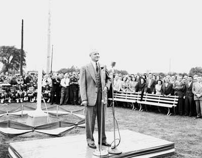 Man Addressing a Crowd at Branch Opening, Chatham, ON