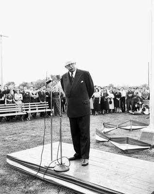 Man Addressing a Crowd at Branch Opening, Chatham, ON