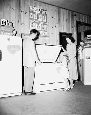 Robert Grey, Bernice Hurst and Diane Lynn Looking at Showroom Freezer, Burlington, ON