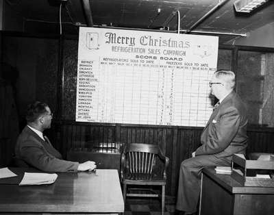 Businessmen Review a Sales Score Board