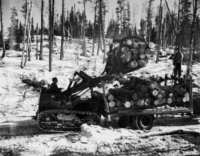 Crawler Tractor Loading Logs, Kenora, ON