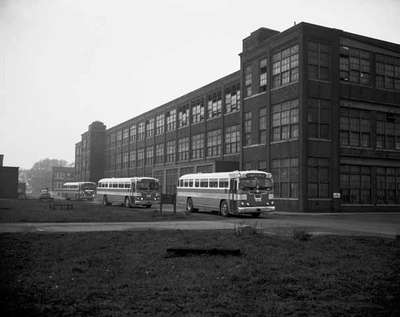 Motor Buses Parked Outside Building, Hamilton, ON