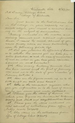 Letter Written by E. A. Burge, Wilmette, Illinois, to F. H. Drury, Wilmette Village Clerk, March 27, 1894