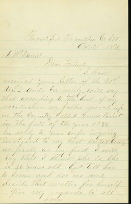 Letter written by Peter Ellis, Frankfort County, Illinois, to Alexander McDaniel, Wilmette, Illinois, on October 21, 1881.