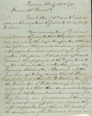 Letter from Henry A. Dingee, Yonkers, New York to Alexander McDaniel, Wilmette, Illinois, dated July 13, 1871