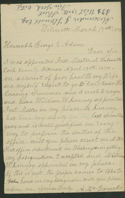 Letter written by Alexander McDaniel, Wilmette, Illinois, to George E. Adams on March 17, 1889