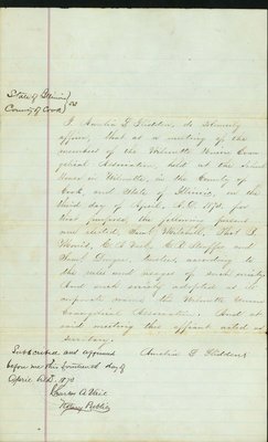 Affidavit of Amelia L. Glidden Cook County, Illinois, regarding the incorporation of the Wilmette Union Evangelical Association dated April 14, 1873