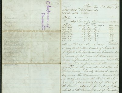 Letter from E. L. Chapman, Evanston, Cook County, Illinois, to Mr. Alexander McDaniel, Wilmette, Cook County, Illinois, dated August 22, 1878