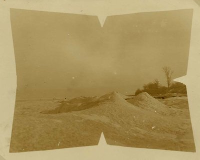 Piles of snow on the Wilmette beach about 1918