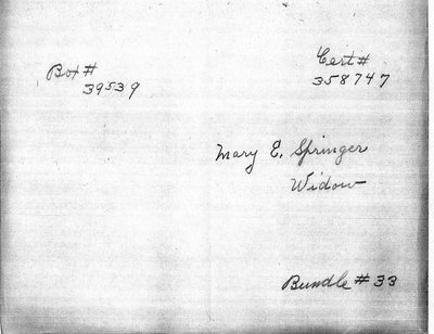 Pension application for Mary E. Springer, widow of Civil War soldier Milton Cushing Springer