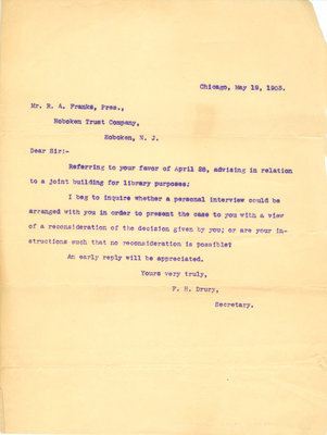 Letter from F. H, Drury to R. A. Franks 19 May 1903