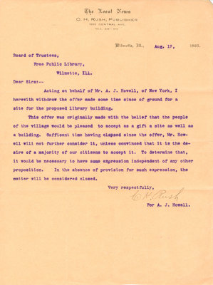 Letter to the Board of Trustees Wilmette Free Public Library from C. H. Rush, on behalf of A. J. Howell, 17 August 1903