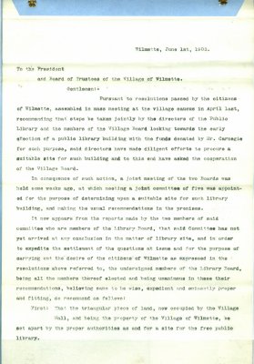 Recommendations to the Board of Trustees of the Village of Wilmette regarding a public library in Wilmette, 1 June 1903