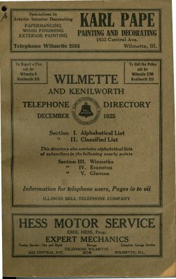 Telephone Directory for Wilmette and Kenilworth, December 1925