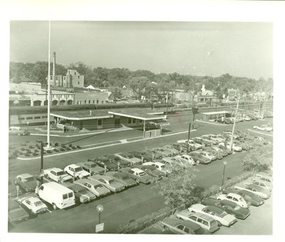 Aerial view of the Wilmette train depot and parking lot looking west