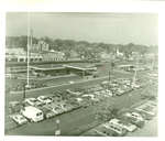 Aerial view of the Wilmette train depot and parking lot looking west