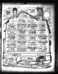 Full page of advertisements for local businesses displayed inside a sketch of a house