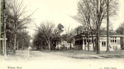 Photograph of the Carnegie Library of Wilmette pasted onto a scrapbook page