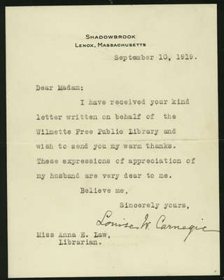 Letter to Miss Anna E. Law, librarian, from Mrs. Louise Carnegie, 10 September 1919