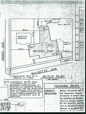 Map showing locations of the existing and proposed library buildings on the corner of Park and Wilmette Avenues in Wilmette in 1950.