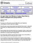 An open letter from Minister of Labour, Brad Clark, to Ontario employers and young workers [dated Aug. 30, 2002]